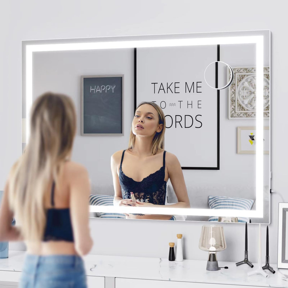 Gvnkvn Makeup Vanity Mirror with USB Charging Port 32" x 24" Large LED Makeup Mirror, Desk Mirorr with Lights, Light up Mirror with 10X Magnification and, Dimmable 3 Modes, Touch Screen Control
