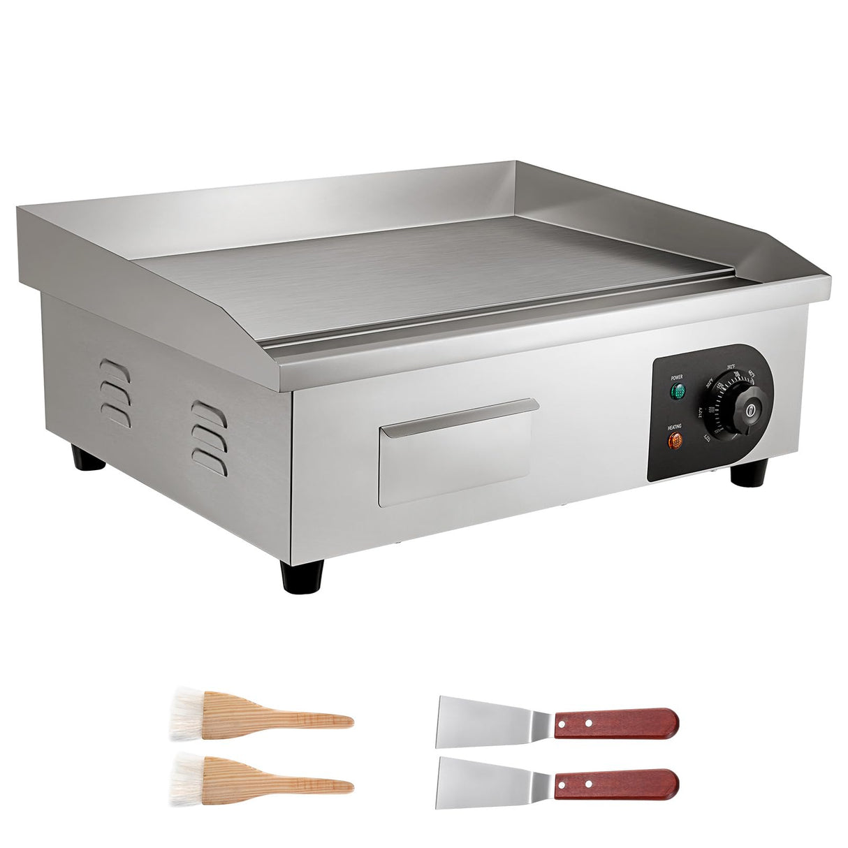 VEVOR Commercial Electric Griddle, 21 x 11.8 inch, 1750W, 122-570°F Adjustable Temp Control, Stainless Steel Countertop Flat Top Grill with 2 Spatulas, 2 Brushes and 4 Foot Pads, for Steak, Pancake