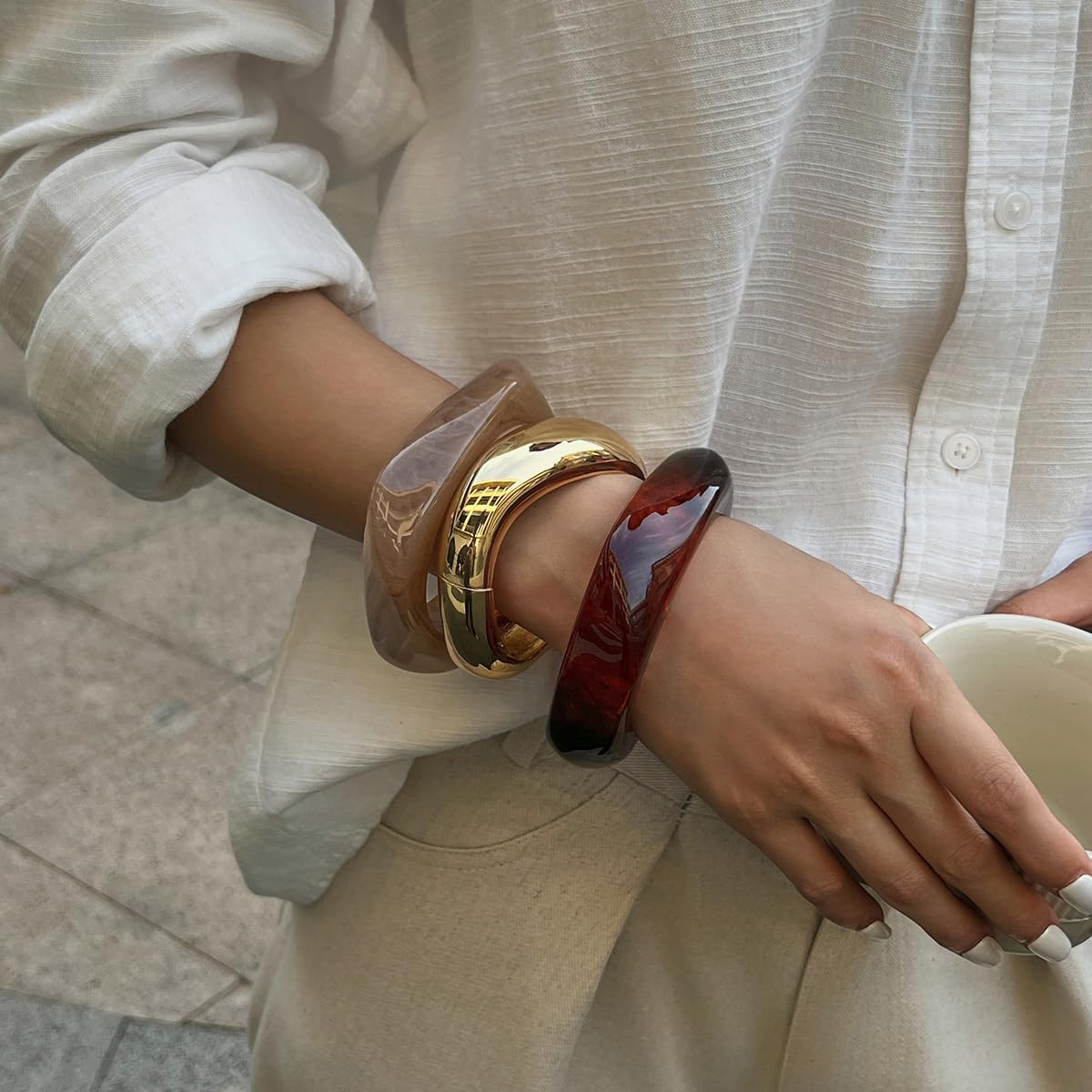 Ingemark Gold Resin Bangle Bracelet, Wide Cuff Minimalist Jewelry for Women, Acrylic Mixed Pattern (Gold01)