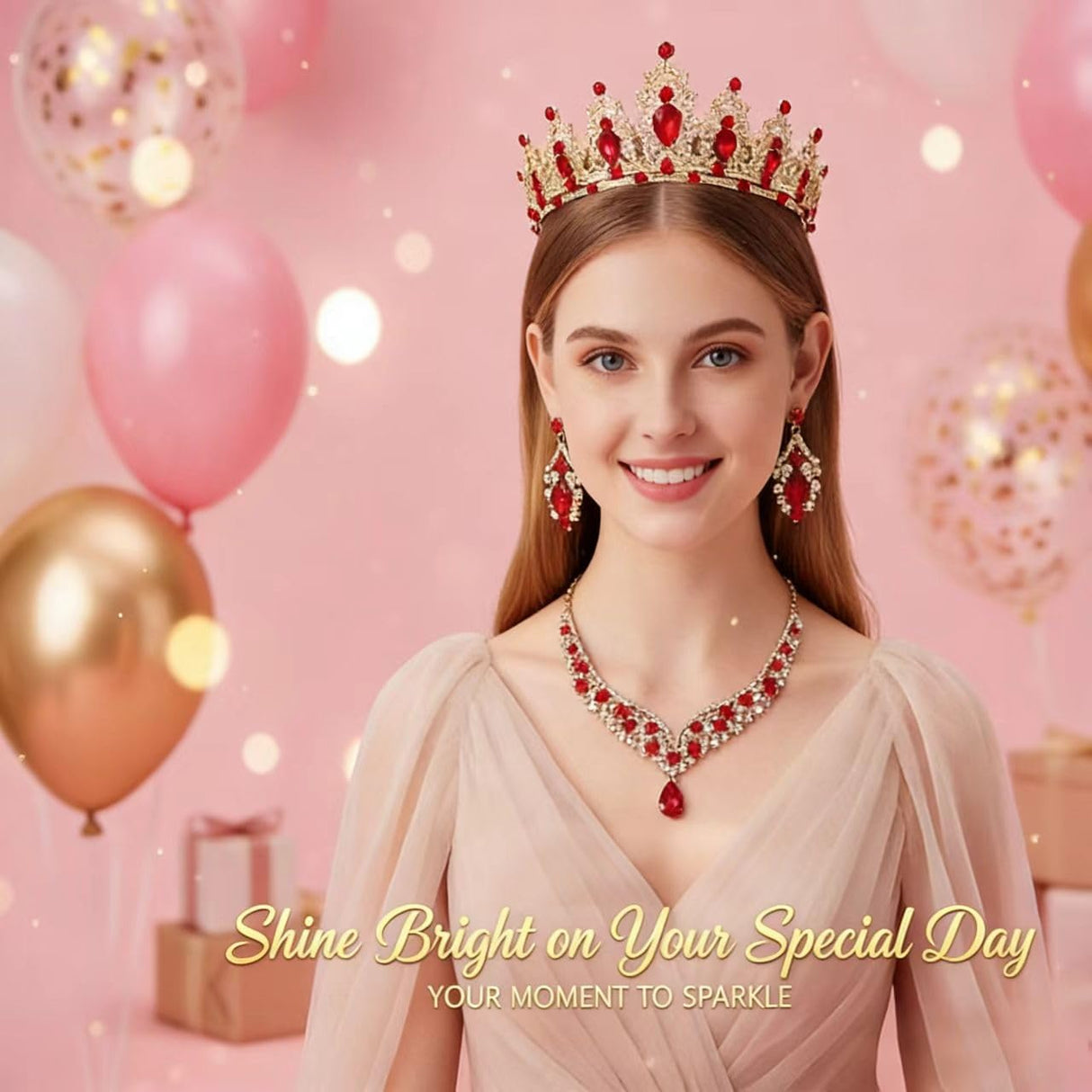 Geurlev Tiaras and Crowns for Women,Tiaras Earrings Necklace, Crystal Bridal Jewelry Set (Gold Red)