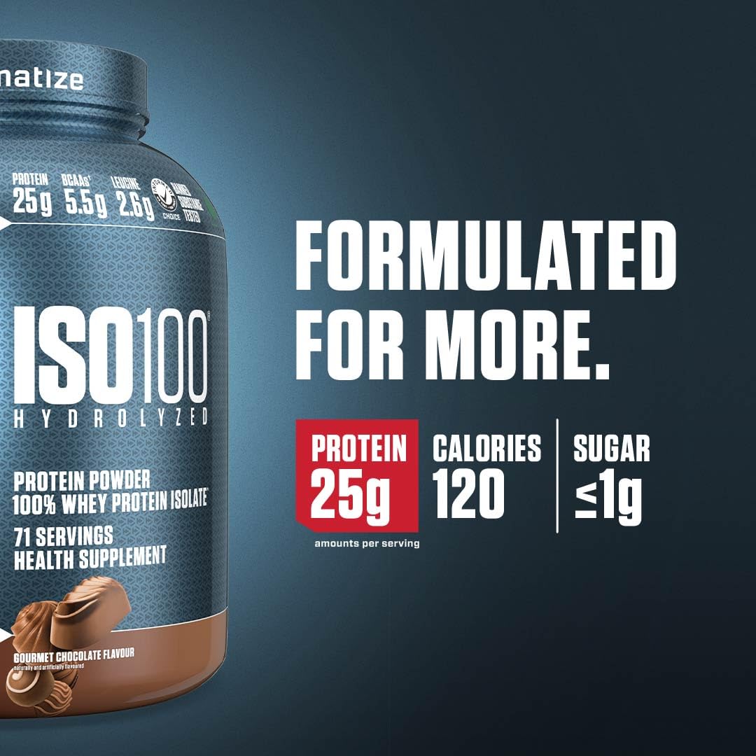 Dymatize ISO100 Whey Protein Powder Isolate, Gourmet Chocolate, 25g of Protein, 5 Pound, 5.5g BCAAs, Less Than 120 Cal., Gluten Free, 1g Fat, 1g Sugar, 2g Carb (71 Servings)