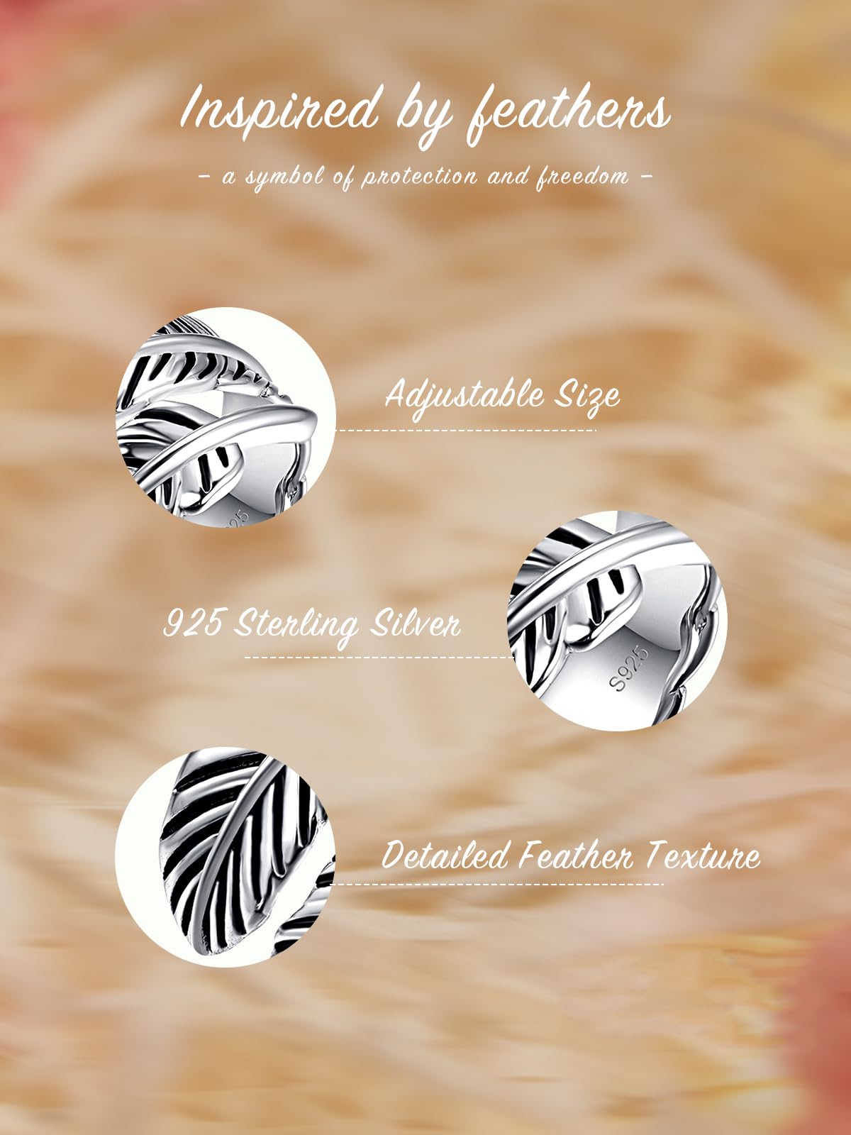 AVECON S925 Sterling Silver Rings, Adjustable Feather Gift for Women & Men