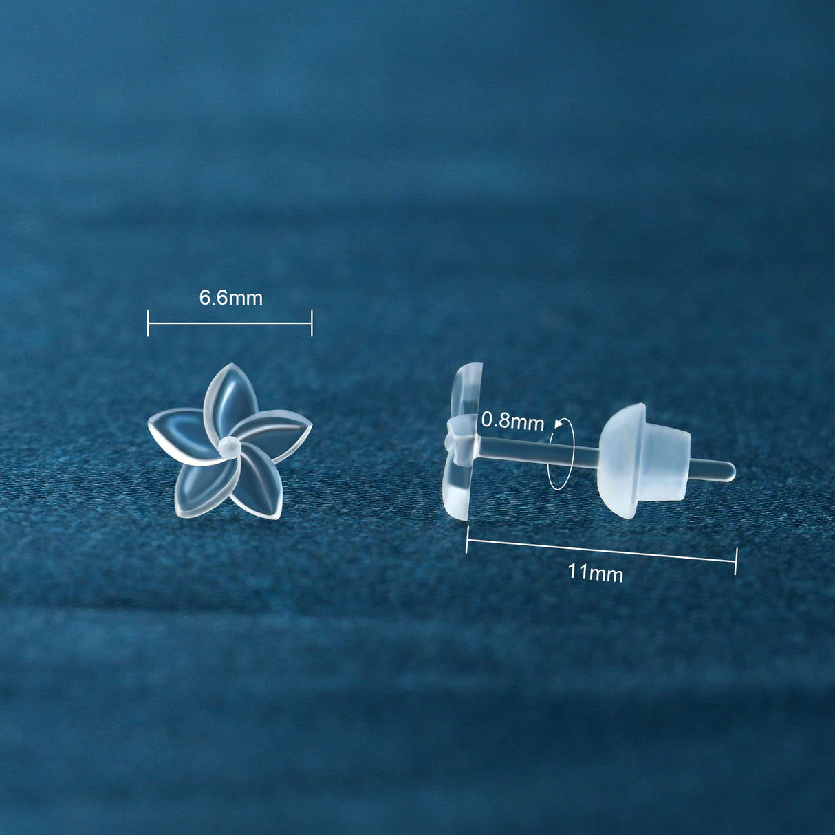 MRI Safe Clear Plastic Earrings for Surgery & Sports, Hypoallergenic Medical Grade Earrings for Sensitive Ears, 20G Silicone Retainer Studs for Women Men - 6 Pairs (Plumeria Flower Design)