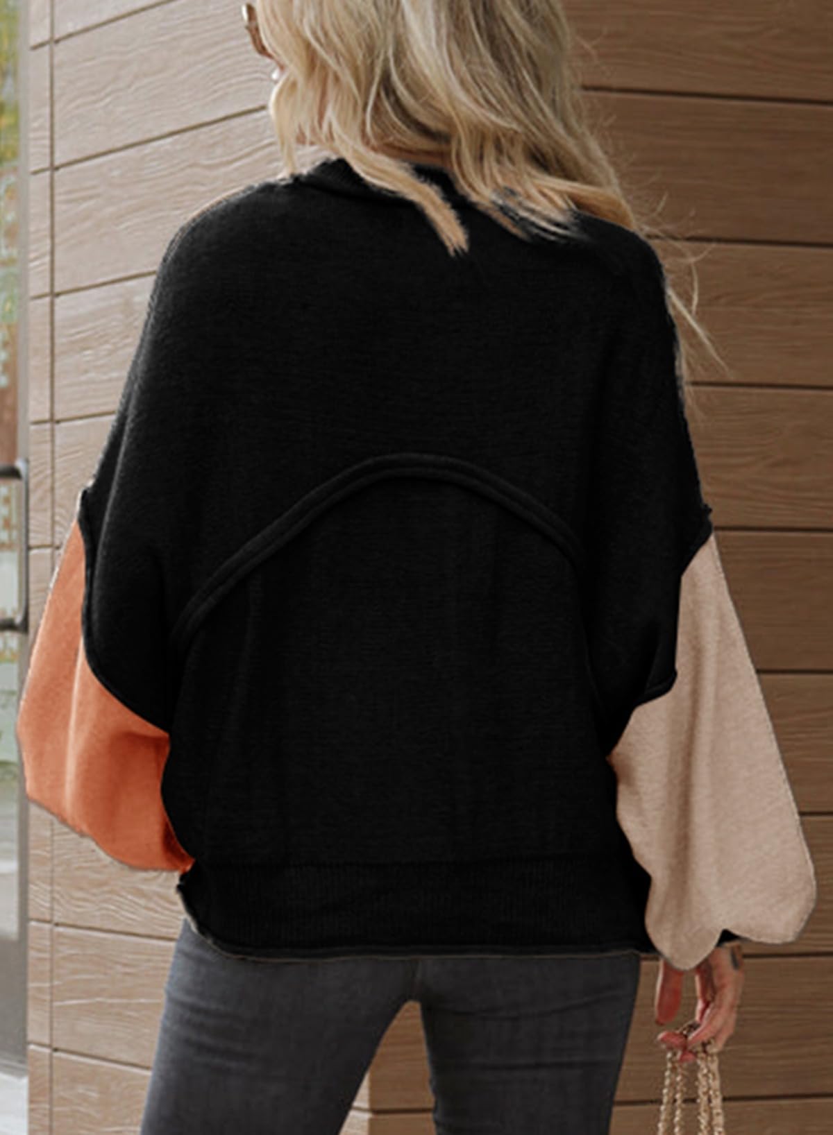 Dokotoo Christmas Sweaters Black Womens Sweaters for Women Color Block Crewneck Winter 2025 Fashion Trendy Lightweight Sweaters Tops Long Sleeve Casual Ribbed Hem Knitwear Lantern Pullover Sweater