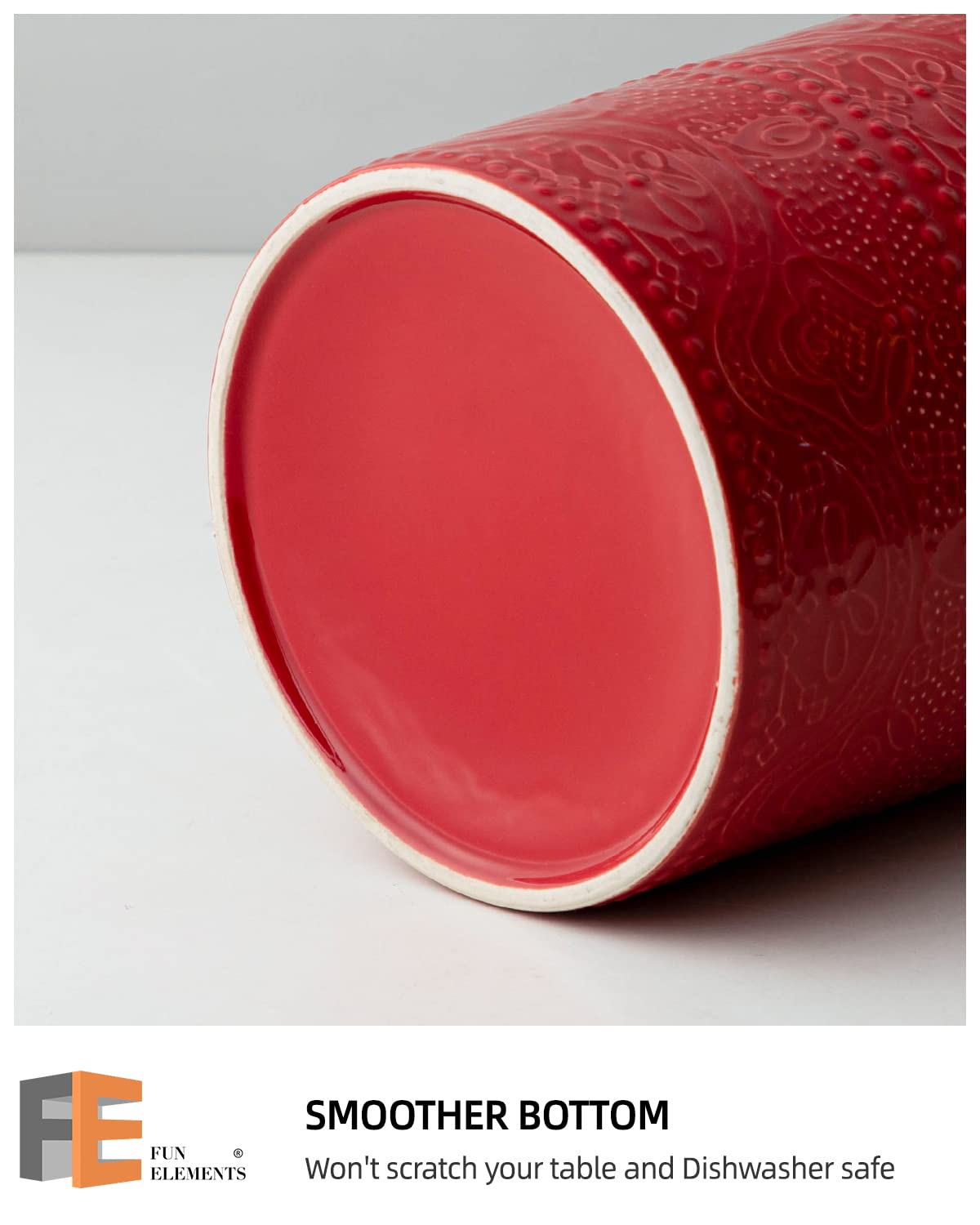 FUN ELEMENTS Kitchen Utensil Holder, 7.2" Super Large Utensil Crock Heavy and Stable Lace Emboss Ceramic Utensil Holder for Kitchen Counter (Christmas Red)