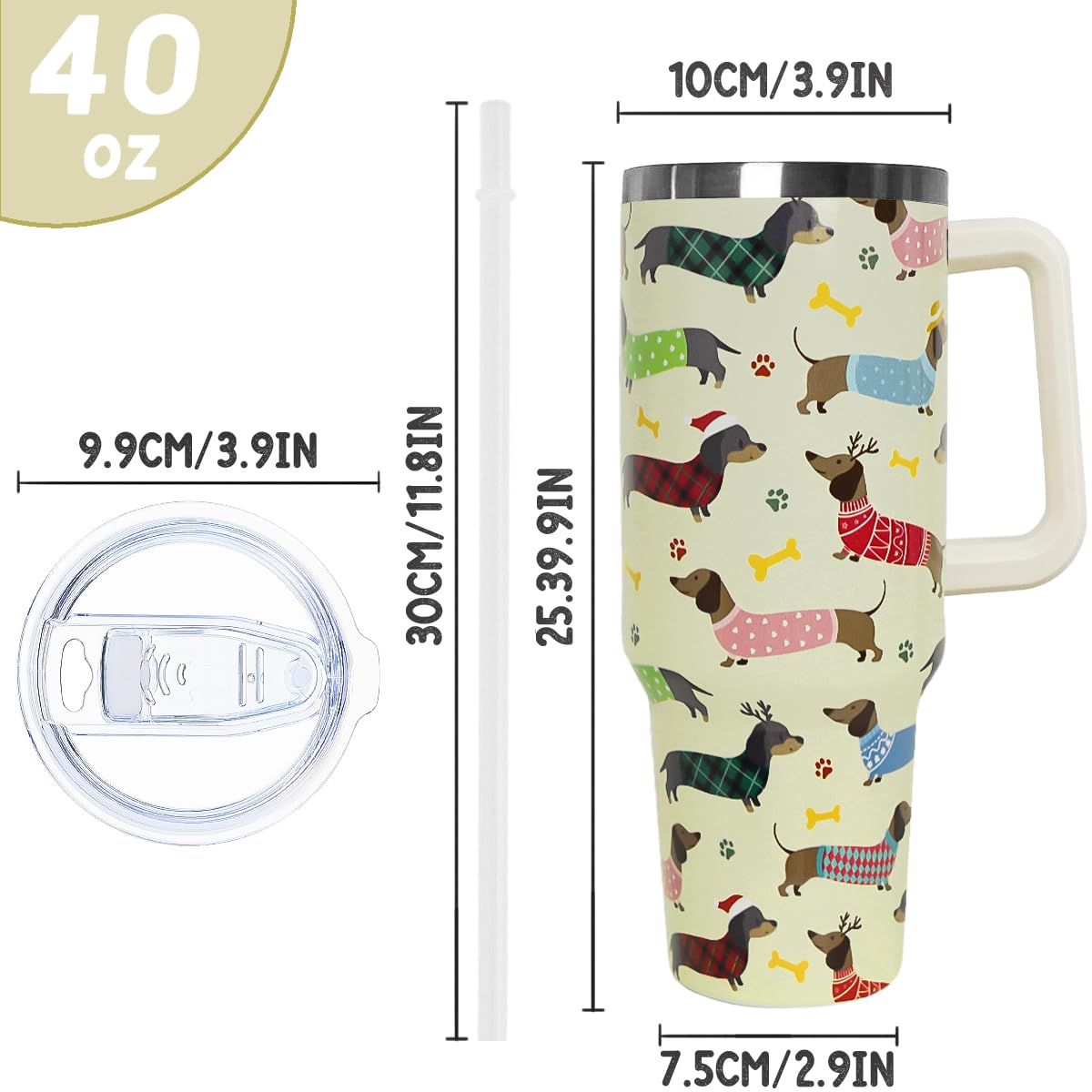 Nqhsionv Dachshund Tumbler with Handle and Straw 40 oz Christmas Cup Weiner Dog Coffee Travel Mug Stainless Steel Insulated Water Bottle Xmas Christmas Decor Gifts for Women