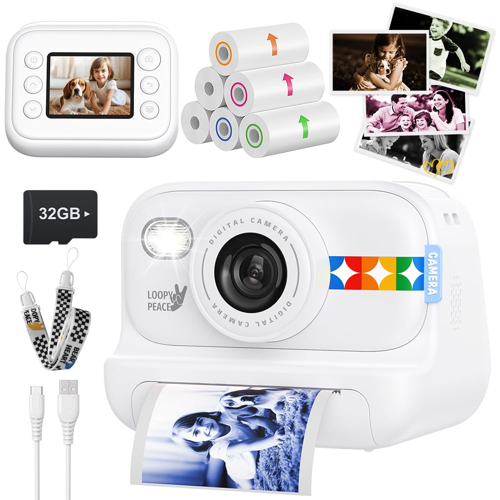 Kids Color Instant Print Camera – Kids Camera with 5 Color Photo Paper, 48MP & 1080P Video, 21 Fun Frames, 32G Card, Christmas/Birthday Gifts for Girls and Boys Ages 3 4 5 6 7 8 9 10 11 12 -White