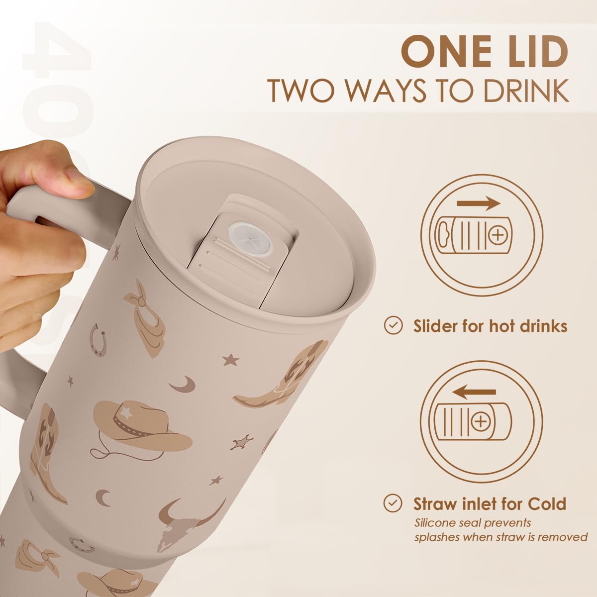 Cowgirl Tumbler 40oz for Women Girls – Stainless Steel Travel Coffee Mug Cup with Handle and Straw, Gift for Birthday Christmas