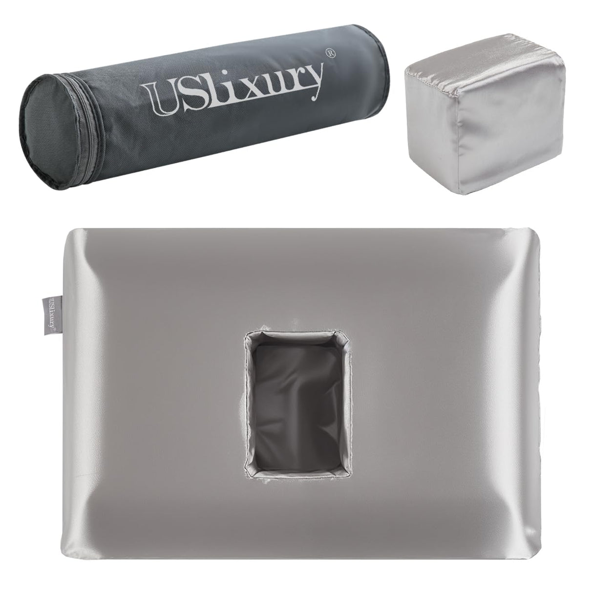 USlixury Piercing Pillow - Ear Piercing Pillow with Foam Plug, 4''H Mini Donut Plilow with 4.7x3.2 Off Center Ear Hole, CertiPUR-US Memory Foam Hole Plilow for Side Sleeper, Satin Cover, Silver Grey