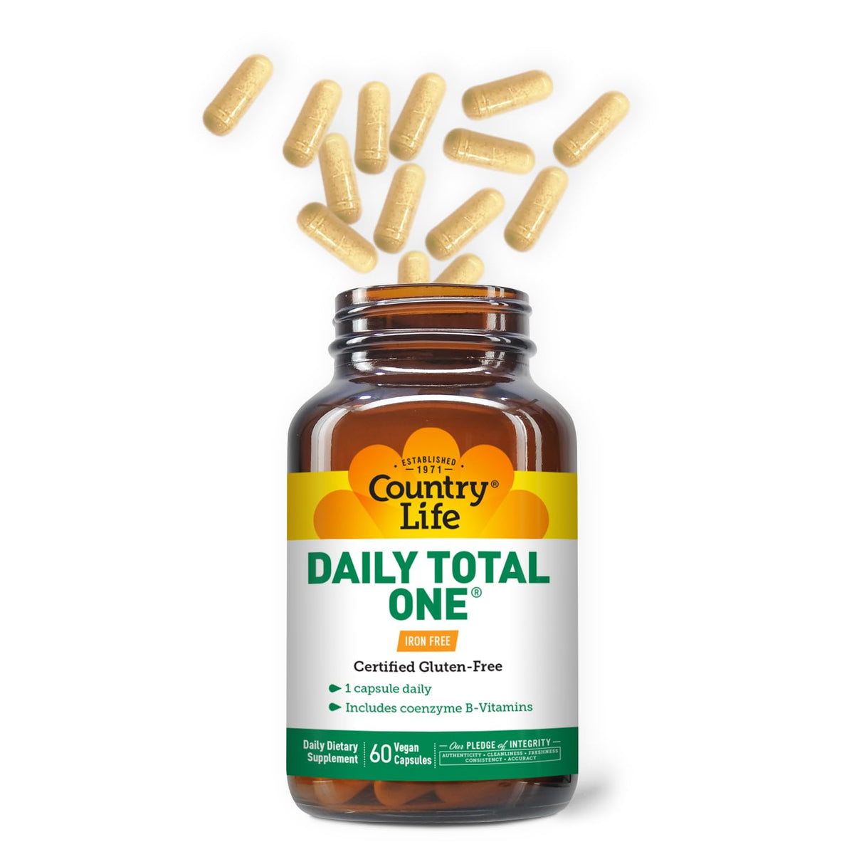 Country Life Daily Total One Multivitamin, Iron Free Once a Day Multivitamin & Multimineral Complex, Vitamins A, C, D, Including Coenzyme B-Vitamins, Supports Energy Metabolism, 60 Vegan Capsules