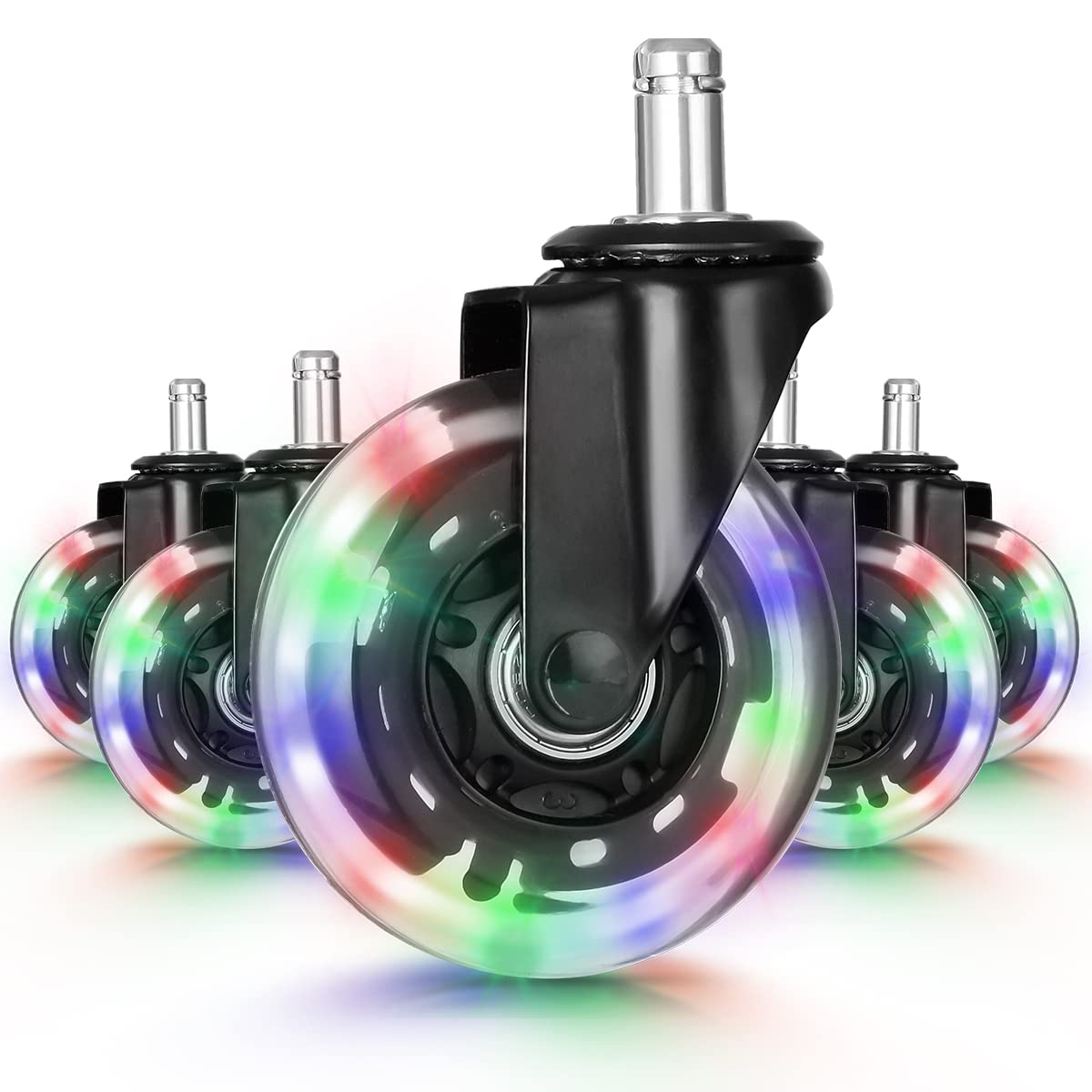 Hivexagon Office Chair Caster with RGB Color Changing Lights Set of 5 Rubber Replacement, Heavy Duty Universal Quiet Rolling Casters Fit Standard Office Chair for Hardwood Floors, Tiles and Carpet