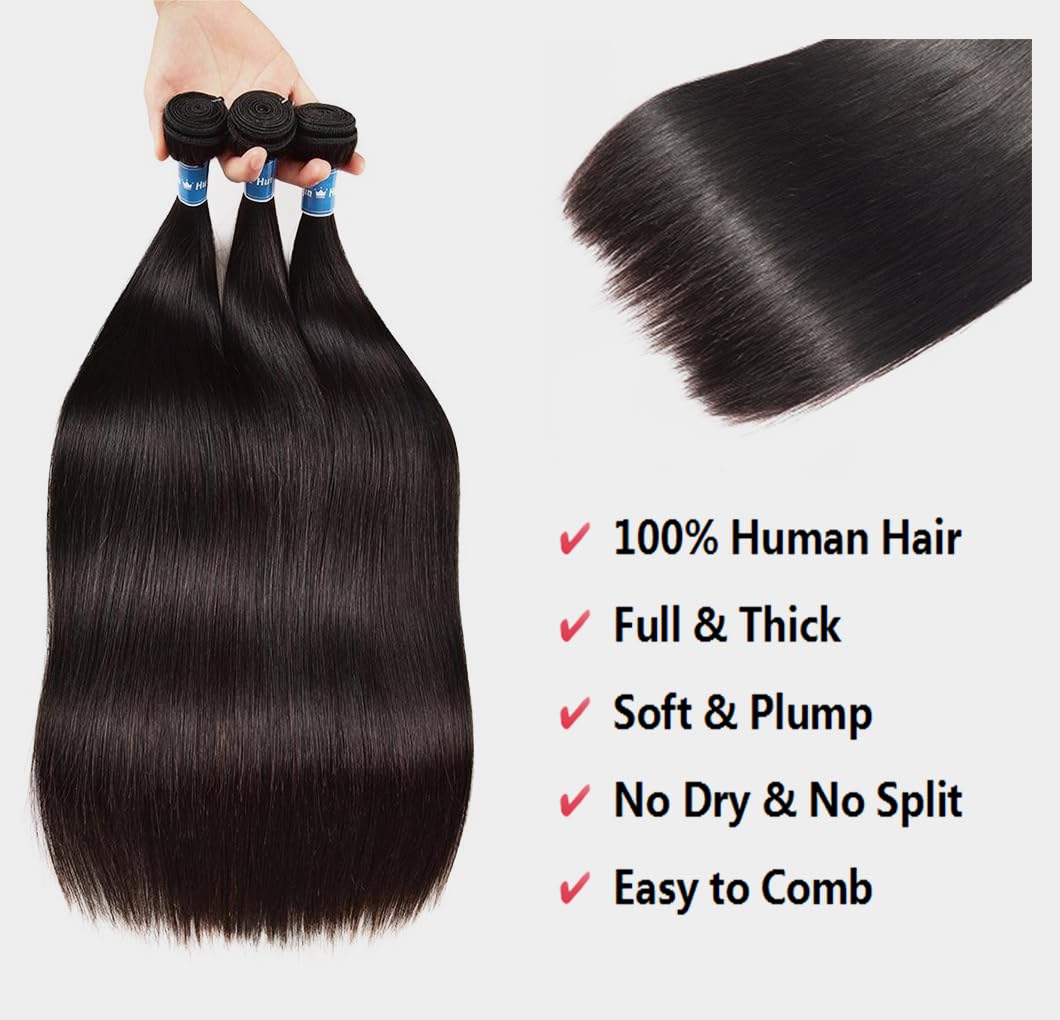 10A Straight Bundles Human Hair 20 22 24 Inch Straight Hair 3 Bundles Unprocessed Brazilian Virgin Hair Bundles Human Hair Extension Double Weft Natural Black