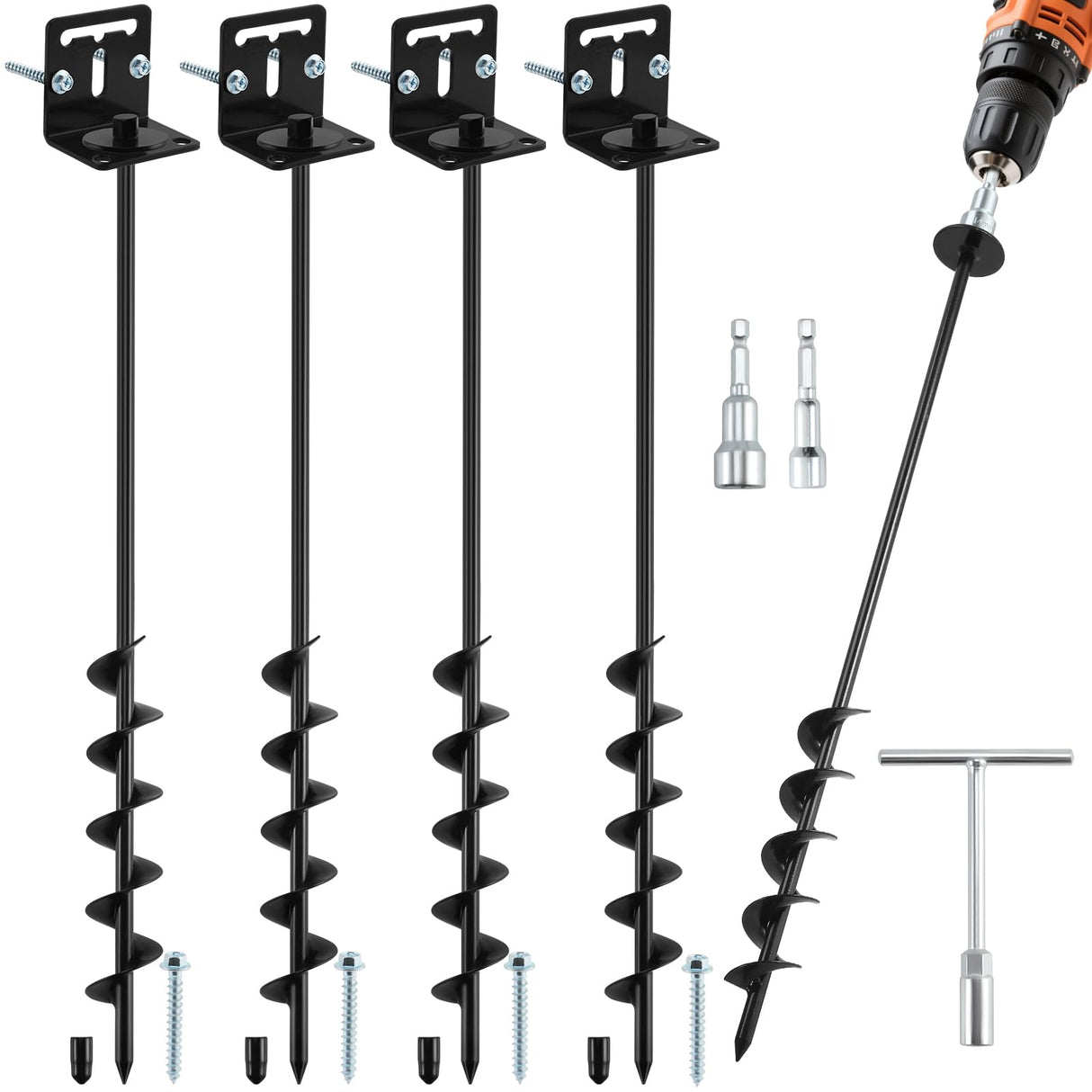 Ciyivak 26" Ground Anchors Screw in Heavy Duty, Mobile Home Anchors - Shed Anchor Kit with L Bracket & Drill Adapter, Earth Anchor for Swing Sets, Trampolines, Carports, Storage Sheds, Fences (4×26in)