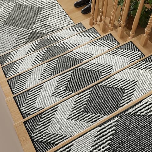 PADOOR 15PC Stair-Treads Non Slip, 3D Peel and Stick Stair Treads for Wooden Steps Indoor, Stair-Carpet Treads Washable Reusable Adhesive Stair-Runner Rugs for Kids and Dogs 8"x30" Black