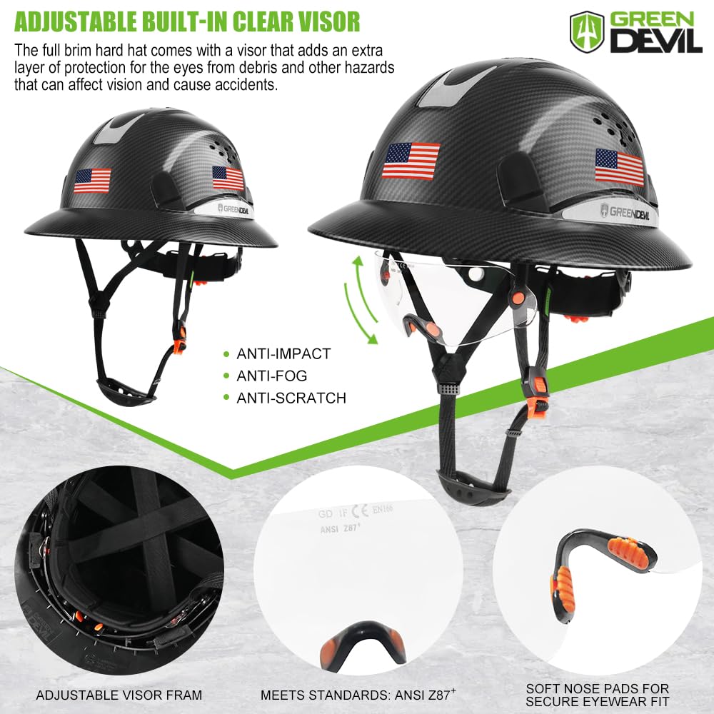 GREEN DEVIL Full Brim Hard Hat with Built-in Visor Vented Construction Safety Helmet OSHA Approved Cascos De Construccion ABS Work Hardhat Helmets for Men Women OSHA Approved