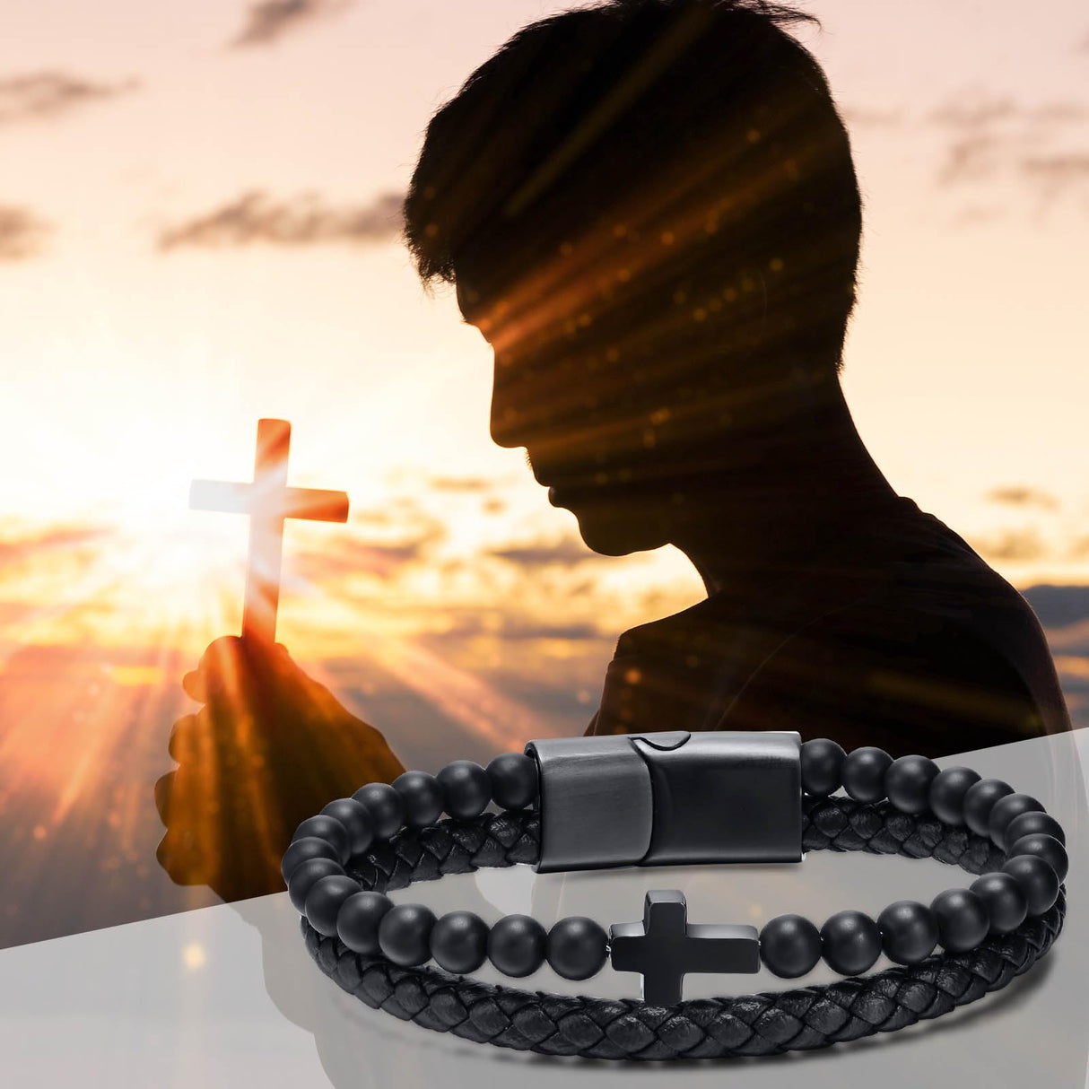 Mens Cross Bead Braided Genuine Leather Bracelet, Black Gemstone Agate Onyx Beaded Rosary Obsidian Bangle, Faith Religious Easter Catholic Christian Communion Baptism Christmas Jewelry Gift for Men