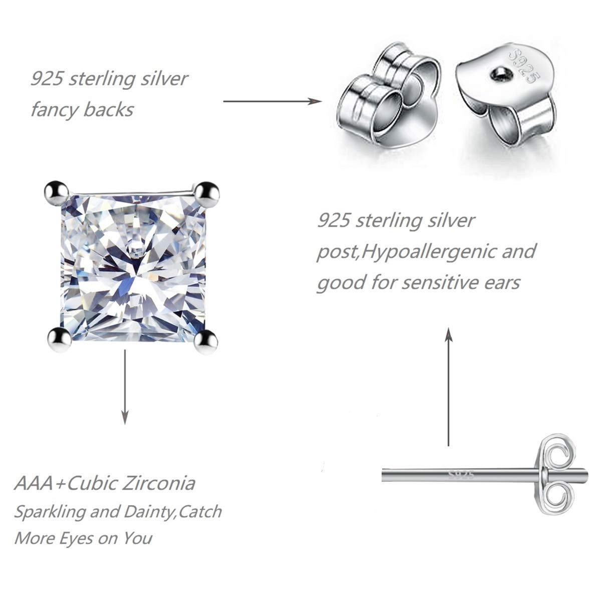5 Pairs 925 Sterling Silver Square Stud Earrings for Women Men 3 4 5 6 7mm