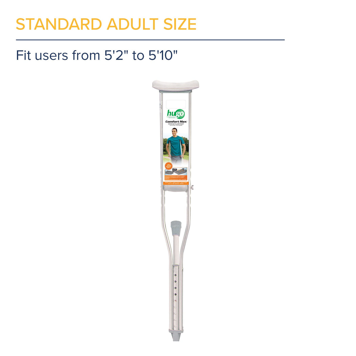 Hugo Mobility Adjustable Adult Crutches For Walking, Walking Crutches, Comfortable Lightweight Crutches with Underarm Pad and Hand Grip, For Users 52 to 60 Inches