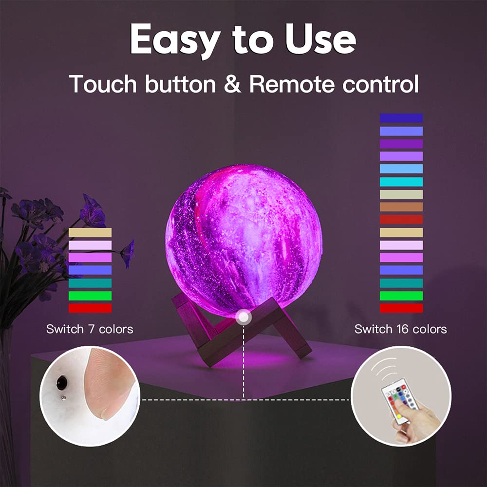 BRIGHTWORLD Moon Lamp Galaxy Lamp 5.9 inch 16 Colors LED 3D Moon Light, Remote & Touch Control Moon Night Light Gifts for Girls Boys Kids Women Birthday(Wooden Base)