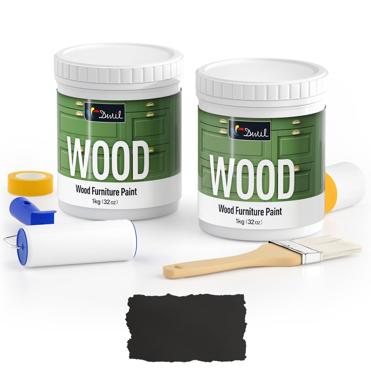 DWIL Matte Finish Furniture Paint - 64 Oz Wood Paint for Cabinets, Doors, Tables, and Dressers Refinishing - Water-Based, Non-Toxic & Odorless, Easy to Apply(Black)-With Tools