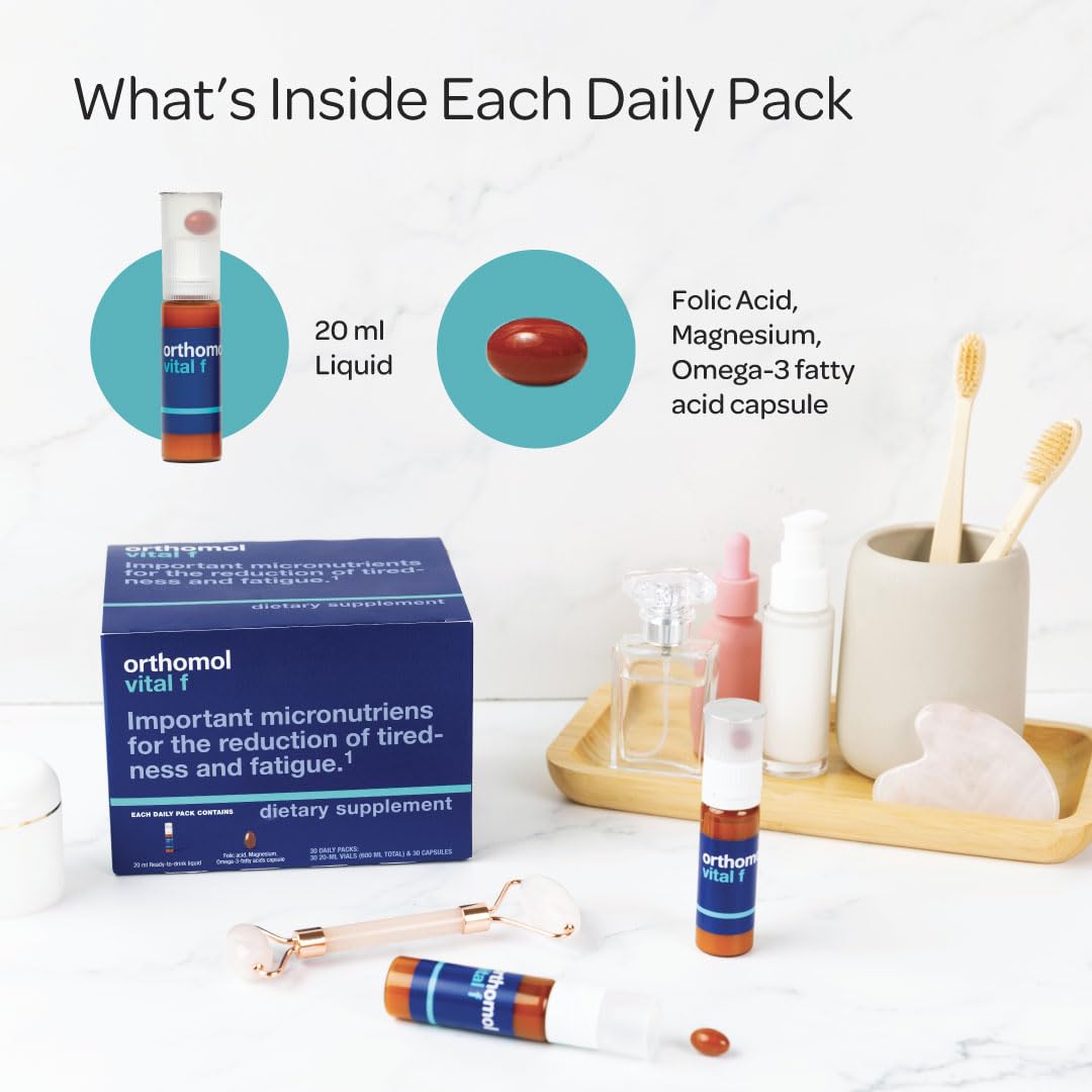 Orthomol Vital F Vial for Women, 30-Day Vitamin Supplement – Daily Energy, Fatigue Reduction & Vitality Support with Vitamins A, B, C, D, E, K, Omega-3 & Iodine