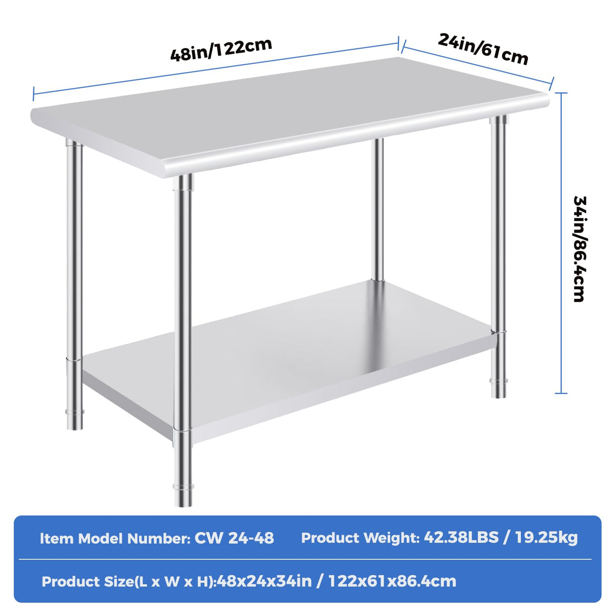 OSTBA Stainless Steel Table for Prep & Work 24x48 Inches, NSF Metal Commercial Heavy Duty Table with Adjustable Undershelf and Adjustable Foot for Restaurant Kitchen Home and Hotel