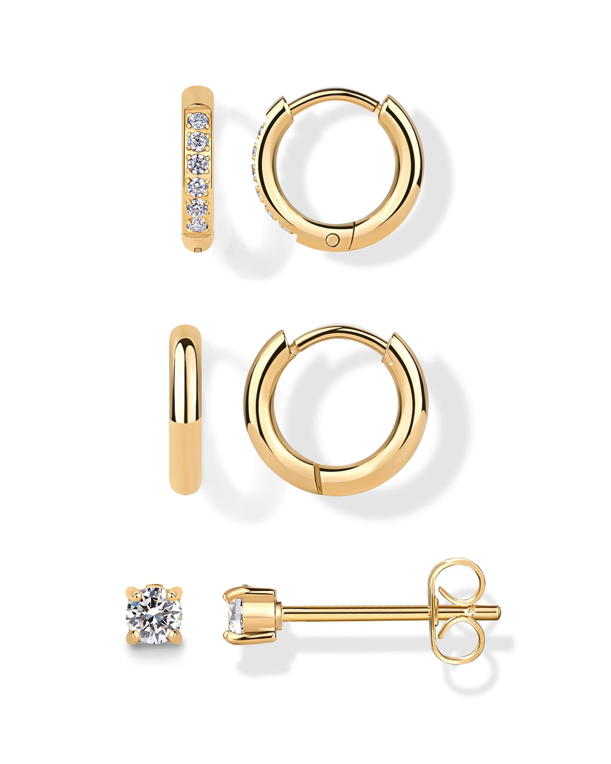 PAVOI CZ Huggie Set, Yellow Gold, Size 3 Millimeters, 12 Millimeters