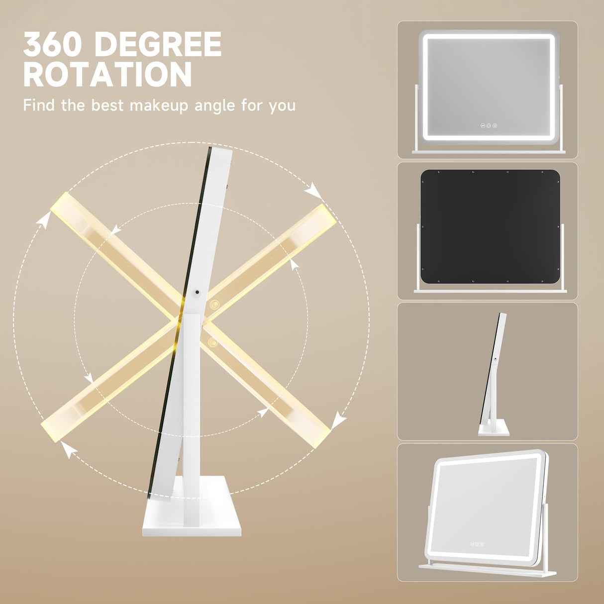 Hasipu Vanity Mirror with Lights, 22" x 18" LED Makeup Mirror, Light up Mirror with Smart Touch 3 Colors Dimmable, Brightness Adjustment, 360ยฐ Rotation (White)