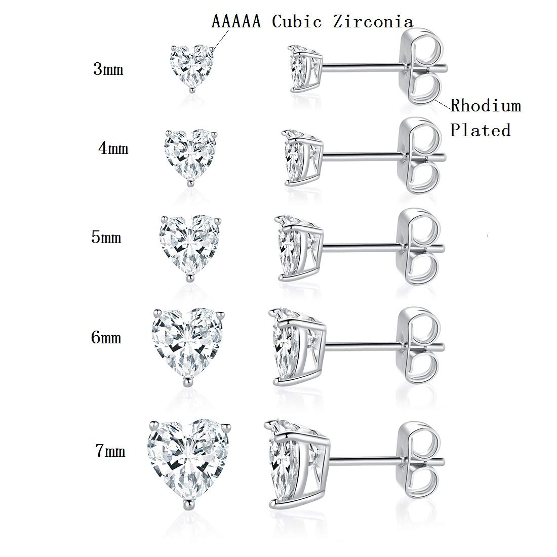 MDFUN 18K White Gold Plated Heart Stud Earrings for Women,5 Pairs