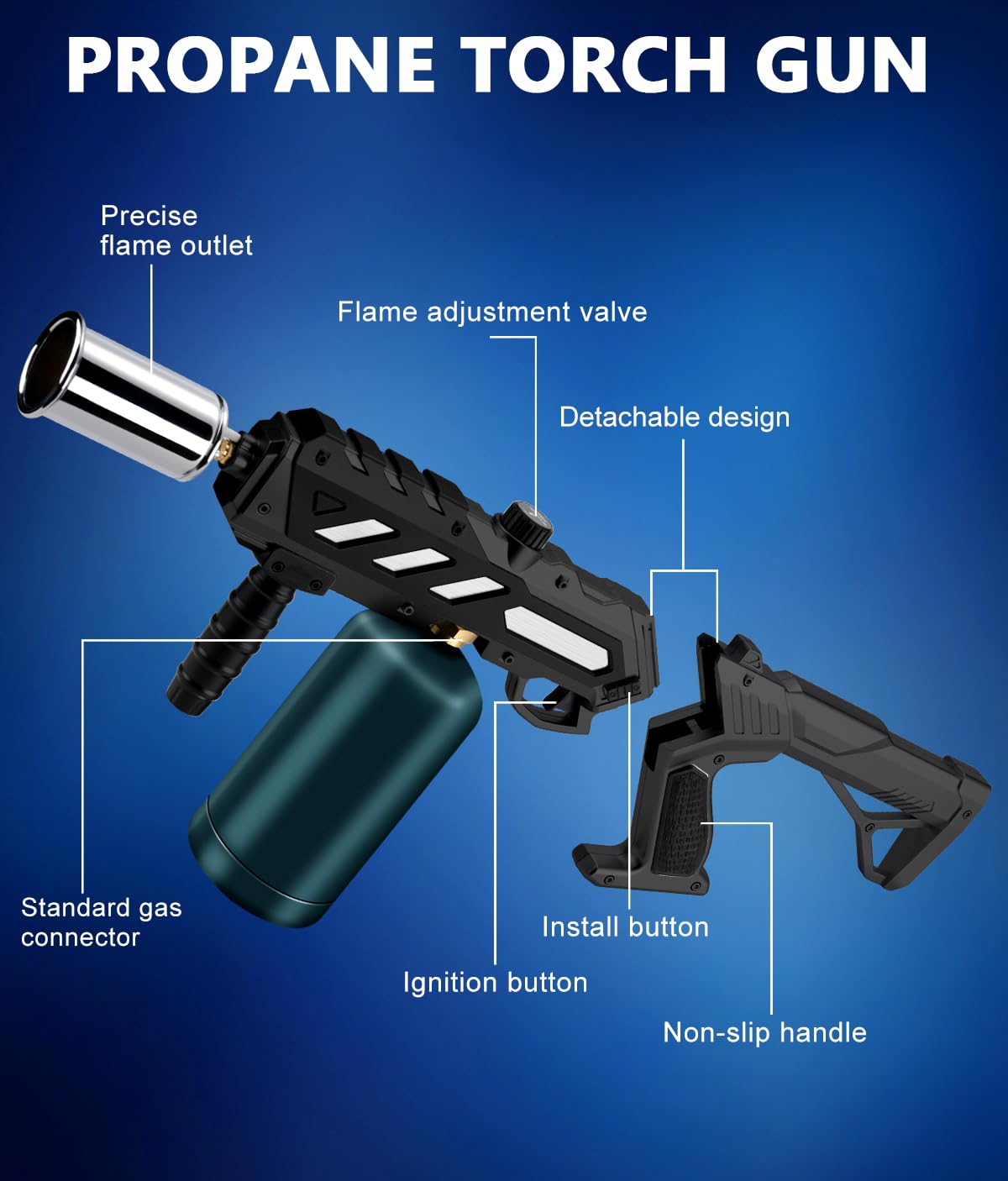 Powerful Propane Torch with Detachable Design, Kitchen Blow Torch Gun with Adjustable Flame, Torch Burner Flamethrower for BBQ, Charcoal Lighter, Campfire, Weeding (Tank Not Included)