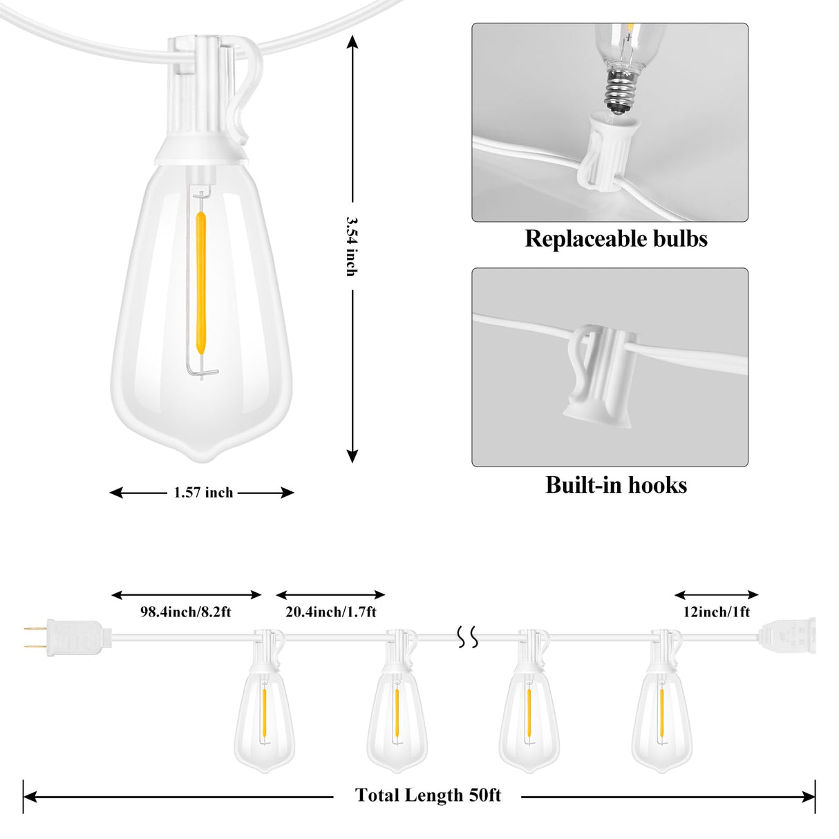Brightever 50FT Outdoor String Lights Weatherproof, Patio Lights with 25+2 ST38 Edison Shatterproof Bulbs, Commercial Grade Warm White LED String Lights Decorative for Christmas, Wedding, Party, White