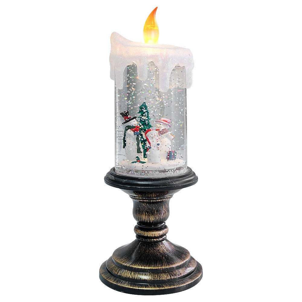 Eldnacele Christmas Snow Globe Candle Battery Operated Lighted Flameless Candles Light Swirling Water Glittering Spinning Candles for Home Decoration(Snowmen Family)