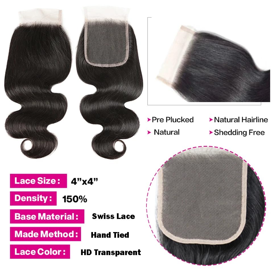 Body Wave Bundles with Closure Human Hair 16 18 20+14 Inch Human Hair Bundles with Closure 100% Brazilian Virgin Body Wave 3 Bundles Human Hair with 4x4 Lace Closure Natural Black
