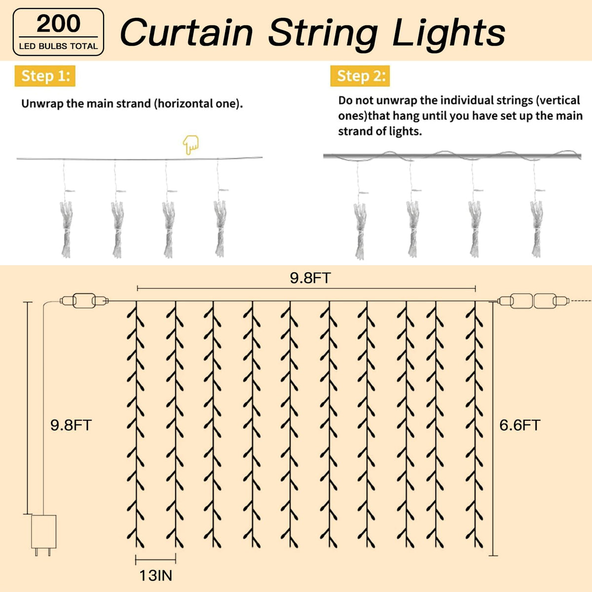 Soagrc 200 LED Warm White Curtain Fairy Lights 9.8x6.6FT Plug in