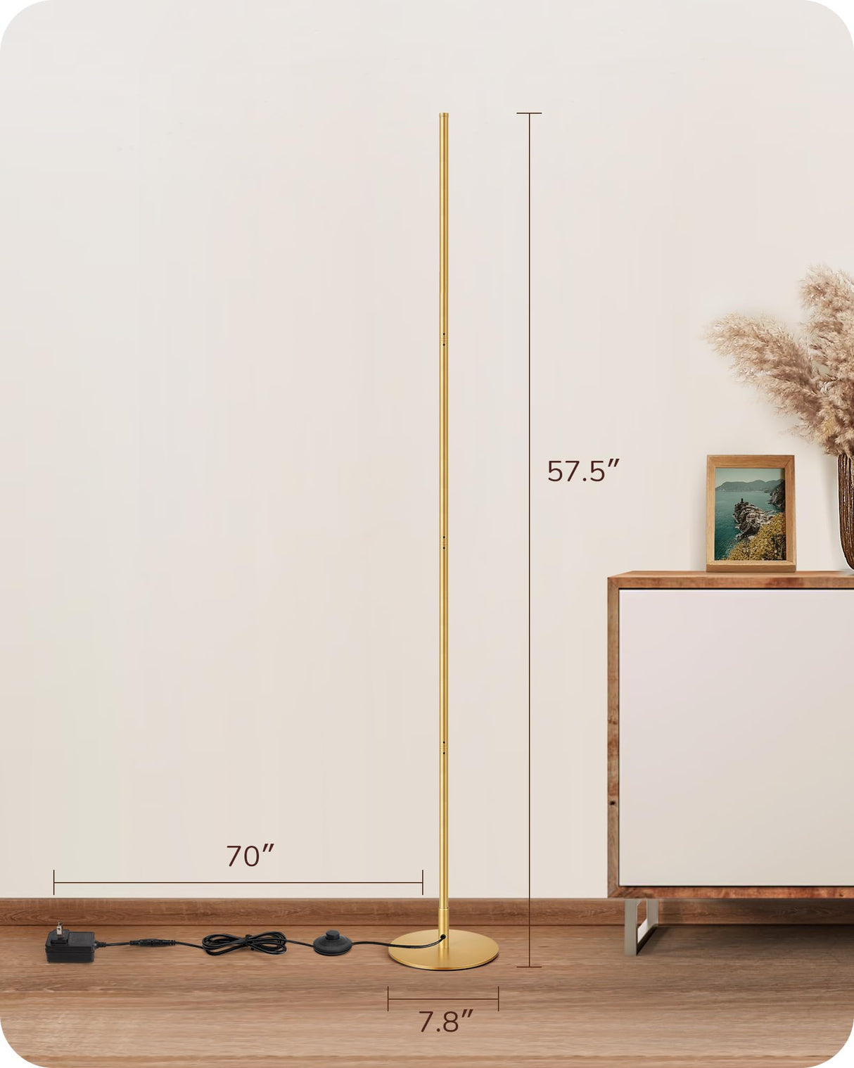 EDISHINE LED Corner Floor Lamp, Modern Slim Dimmable Light, Adjustable Height, 57.5" Minimalist Tall Lamp for Living Room, Bedroom, Office, 3000K Warm White Light (Gold)
