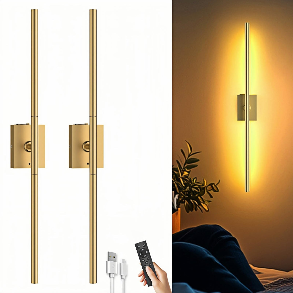 Battery Operated Wall Sconces Set of Two: Dimmable Wireless Wall Lights with Remote, 31-inch LED Rechargeable Sconces, 360° Lighting Wall Scone Decor for TV, Mirror, Bedroom, Living Room(Gold)