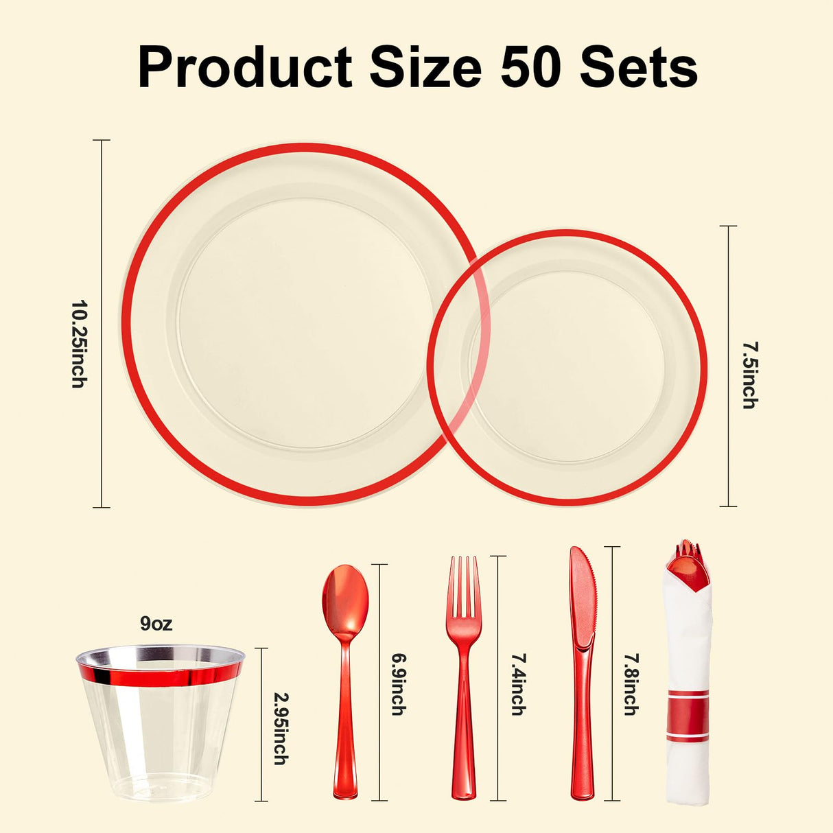 BESTSTAR 350PCS Clear and Red Disposable Plates Set for 50 Guests, 100 Plastic Plates, 50 Plastic Cups, 50 Pre-Rolled Napkins with Cutlery for Party, Christmas, Thanksgiving, Birthday, Halloween