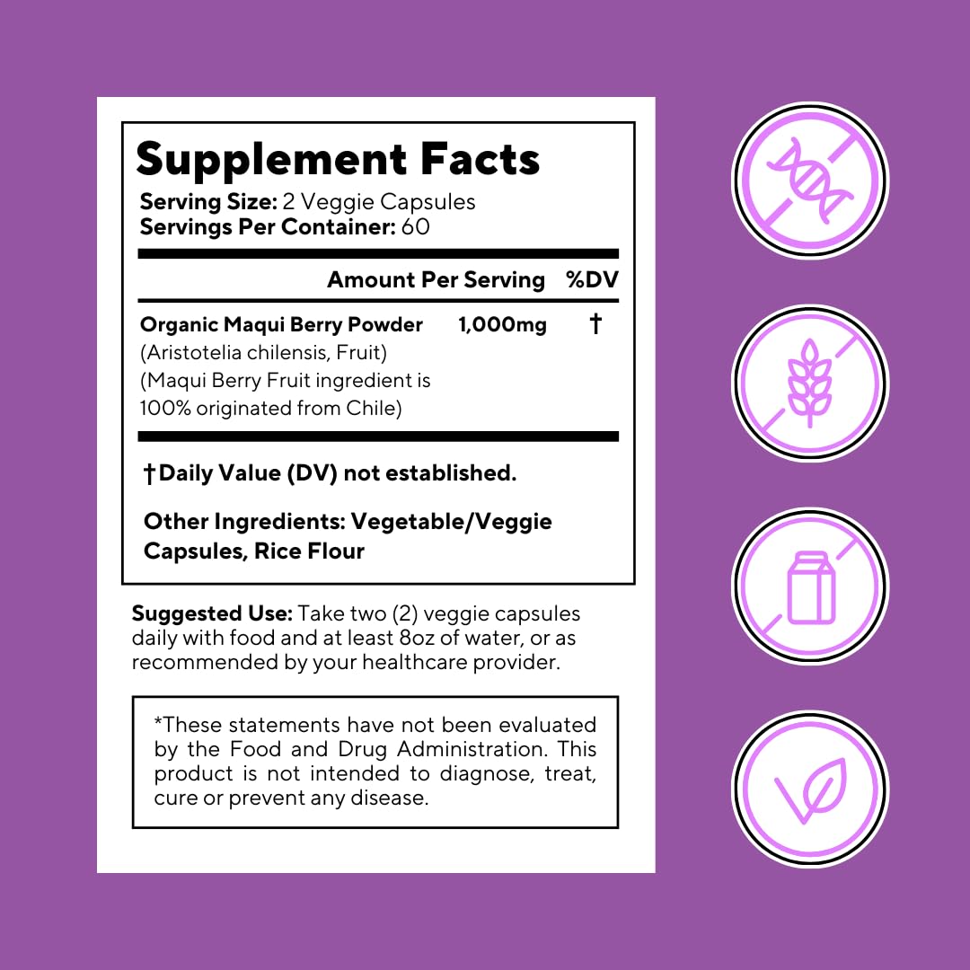 Vitapia Maqui Berry 1000mg - Maqui Berry Powder Supplement - Vegan Friendly, Non-GMO and Gluten-Free - 120 Veggie Capsules
