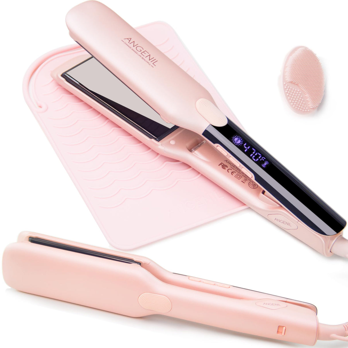 ANGENIL Pro Titanium Flat Iron Hair Straightener 1.75" Wide, Salon Grade Dual Voltage Straightening and Curler 2-in-1 with Heat Resistant Silicone Mat, Adjustable Temp 240°F-470°F, 15s Fast Heating