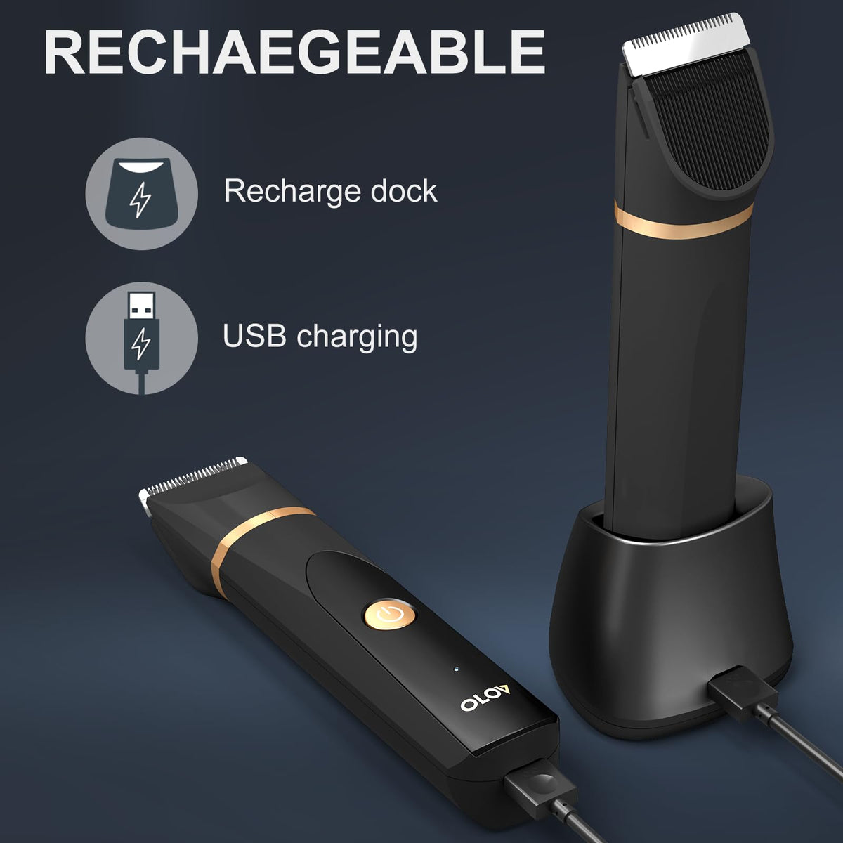 OLOV Electric Body Hair Trimmer - Groin Trimmer for Men - Bikini Trimmer Women - Wet/Dry Shaver Groomer, Replaceable Ceramic Blade Heads, USB Recharge Dock, Waterproof Hygiene Razor,Black
