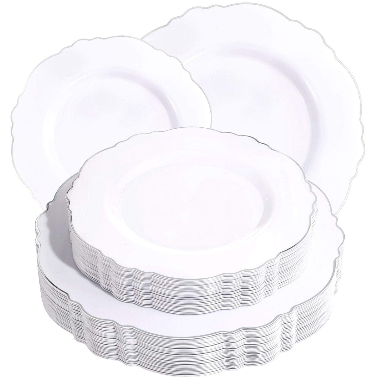WDF 60pcs Silver Plastic Plates-Baroque White &Silver Plates for Upscale Parties &Wedding-including 30Plastic Dinner Plate 10.25inch, 30 Salad Plate 7.5inch for Christmas
