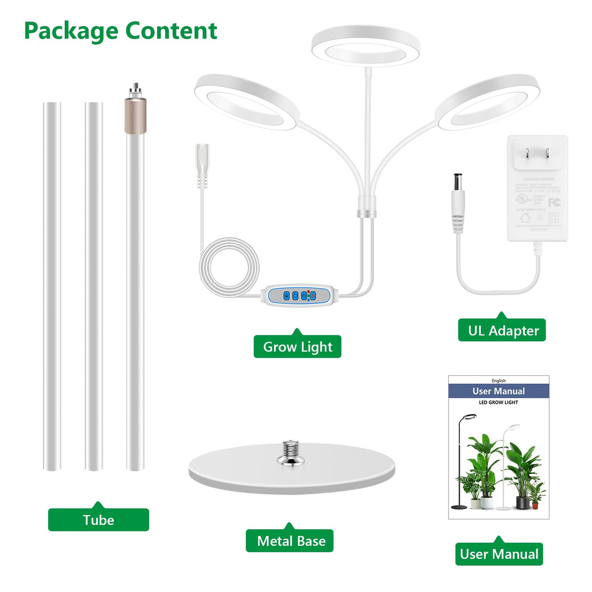 Aumtrly Grow Lights for Indoor Plants, 3 Head Full Spectrum Plant Light with 68" Adjustable Stand for Growing Large Tall Plants, White Halo Floor LED Grow Lamp with 16 Hour Timer