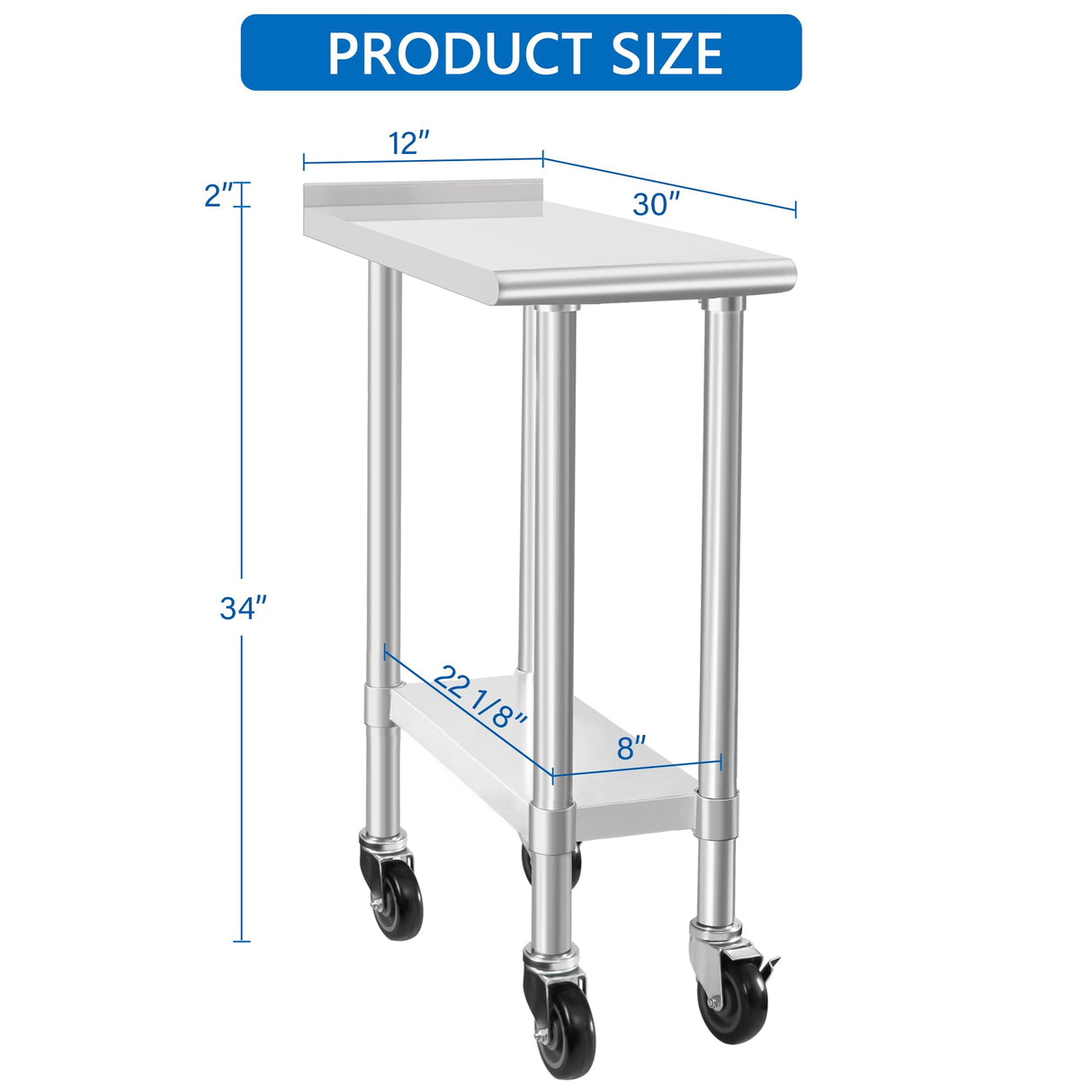 HARDURA Stainless Steel Commercial Work Table with Wheels Prep & Work Metal Table 30×12 Inches Heavy Duty NSF with Casters and 2" Backsplash