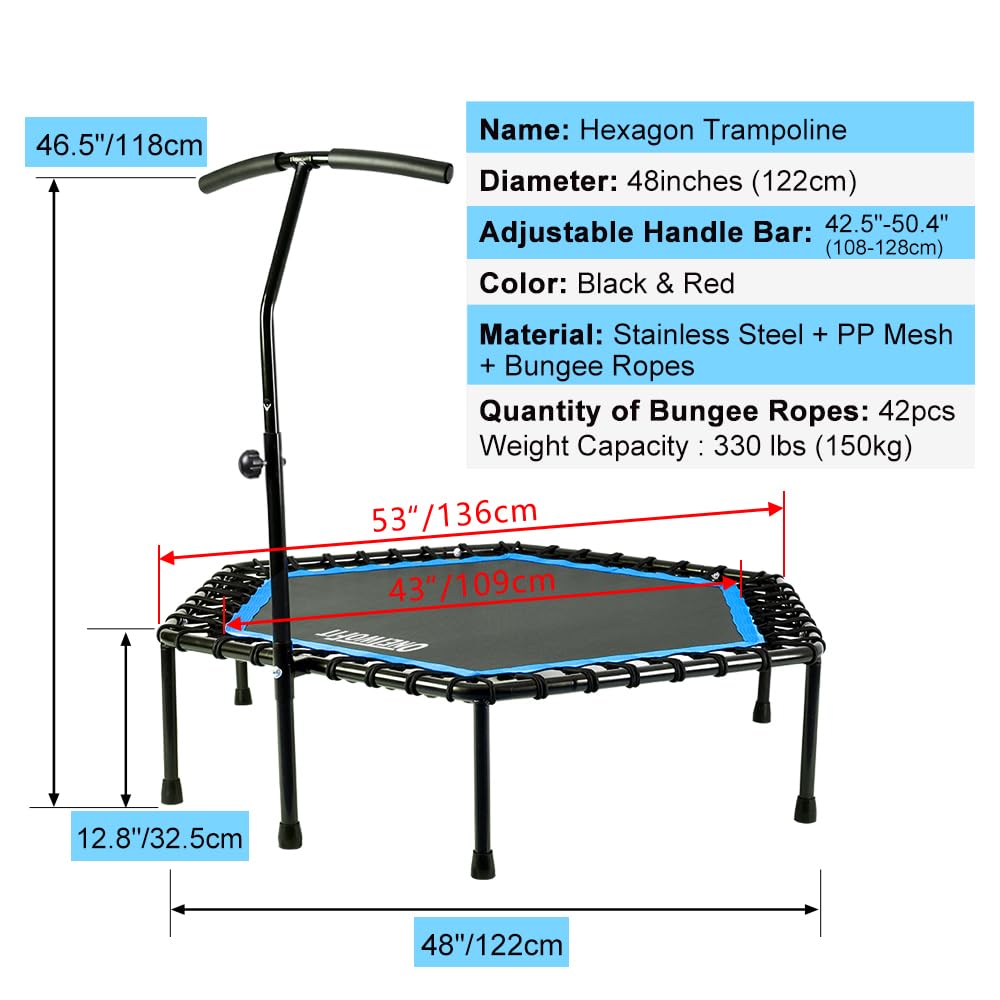 ONETWOFIT 48" Silent Mini Trampoline with Adjustable Handle Bar Fitness Trampoline Bungee Rebounder Jumping Cardio Trainer Workout for Adults Blue