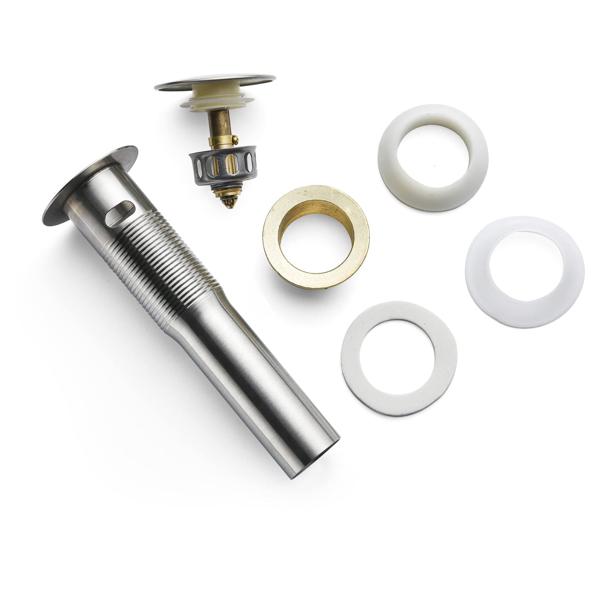 Rockgoya Bathroom Sink Drain,2 Pack Drain Stopper Bathroom Sink with Overflow,Pop Up Drain Assembly with Detachable Strainer Basket,Built-in Anti-Clogging Strainer,Stainless Steel Brushed Nickel