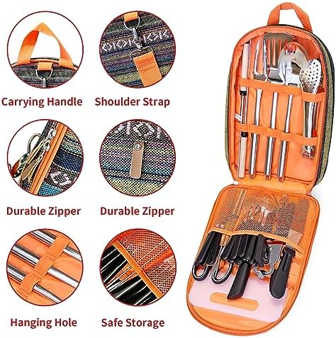 Portable Camping Kitchen Utensil Set-27 Piece Cookware Kit, Stainless Steel Outdoor Cooking and Grilling Utensil Organizer Travel Set Perfect for Travel, Picnics, RVs, Camping, BBQs, Parties and More