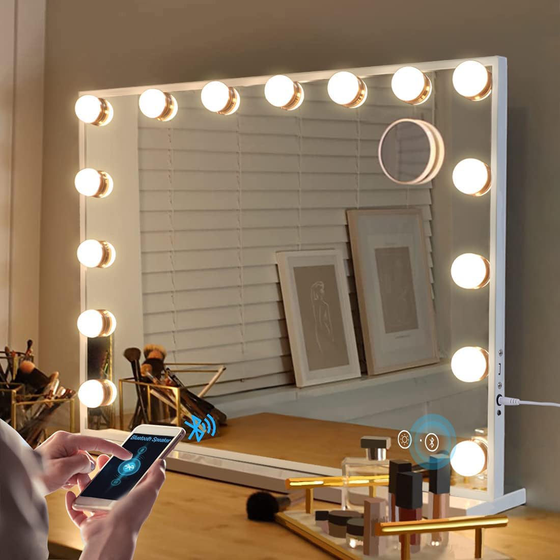 Fenair Vanity Mirror with Lights and Speaker Hollywood Speaker Support Answer Call, Touch Screen, 3 Color Modes Tabletop 15 Dimmable Bulbs