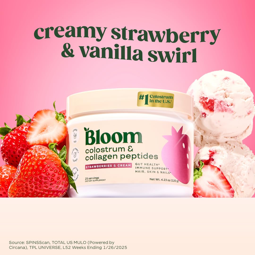 Bloom Nutrition Bovine Colostrum Powder for Gut Health, Immune Support, Hair Growth & Beauty Supplement, Gluten Free, Sugar Free | Strawberries & Cream, 25 Servings