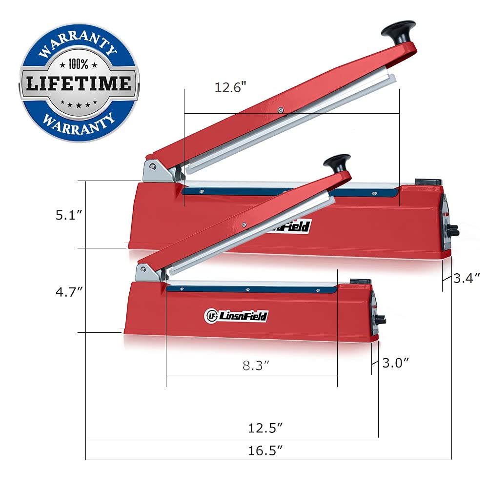LinsnField Sealer Pro, 12-inch Super Impulse Heat Bag Sealer, 7-mm Sealing System with Patent for Never Burn Out, Antioxidant Aluminium Shield, Copper Transformer, Built-in Fuse Safety System, Red