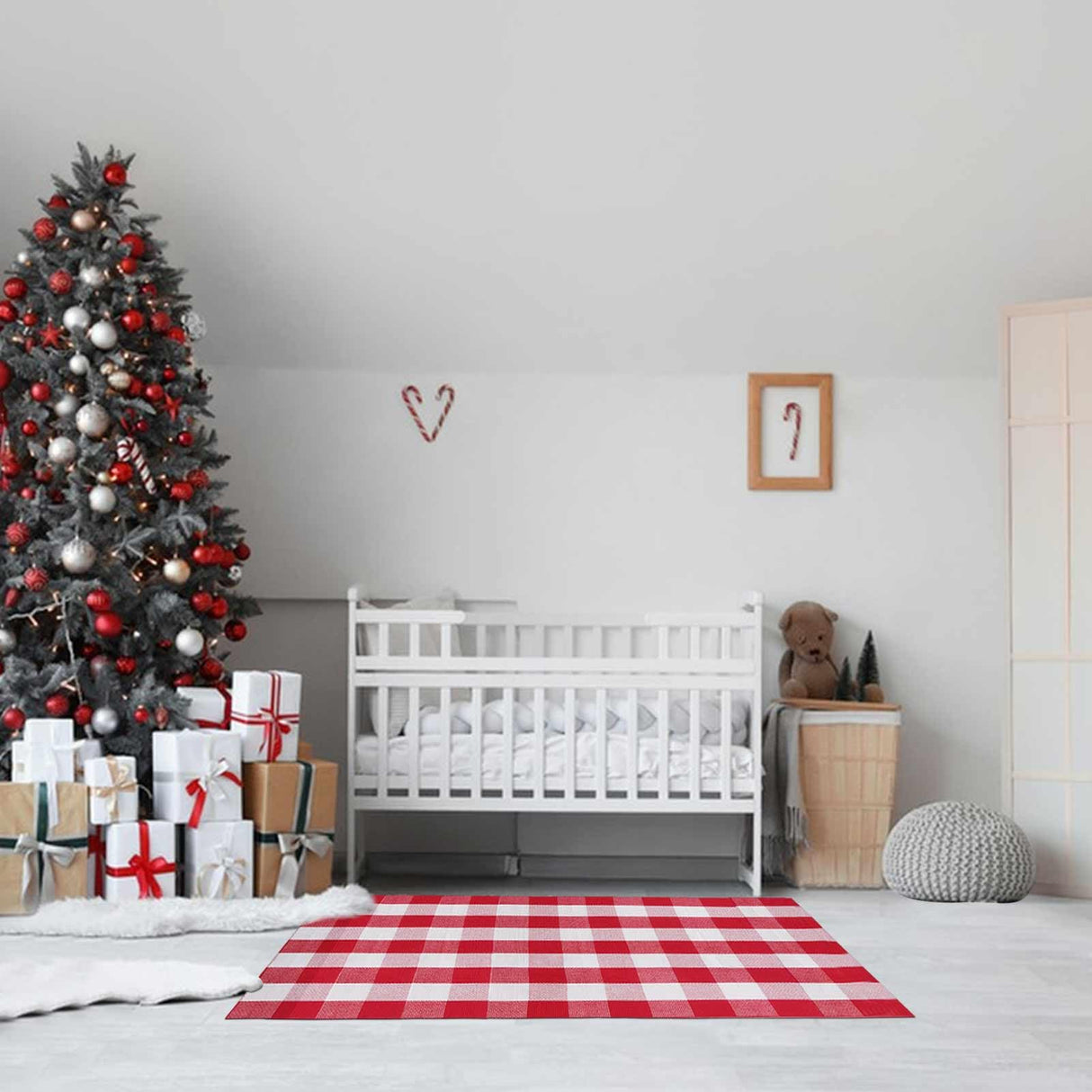 Christmas Red and White Plaid Rug 3 x 5 Ft, Hand-Woven Indoor/Outdoor Layered Cotton Blend Buffalo Plaid Rug, Washable Front Door Mat, Perfect for Porch, Living Room, Entryway